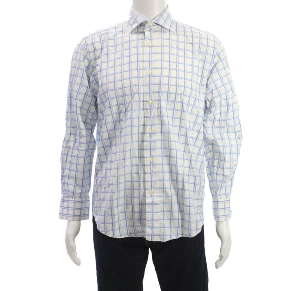 Etro Mens Point Collar Check Dress Shirt White Cotton Long Sleeve Size 39